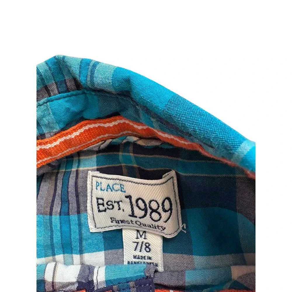 The Children's Place Boys Plaid Button Down Shirt Size 7/8‎ M Blue Short Sleeve